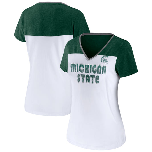 Women's Fanatics White/Heathered Green Michigan State Spartans V-Neck T-Shirt