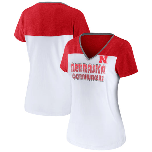 Women's Fanatics White/Heathered Scarlet Nebraska Huskers V-Neck T-Shirt