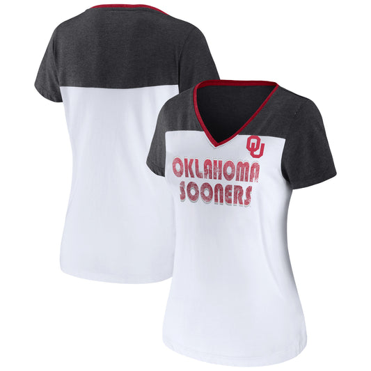 Women's Fanatics White/Heathered Charcoal Oklahoma Sooners V-Neck T-Shirt