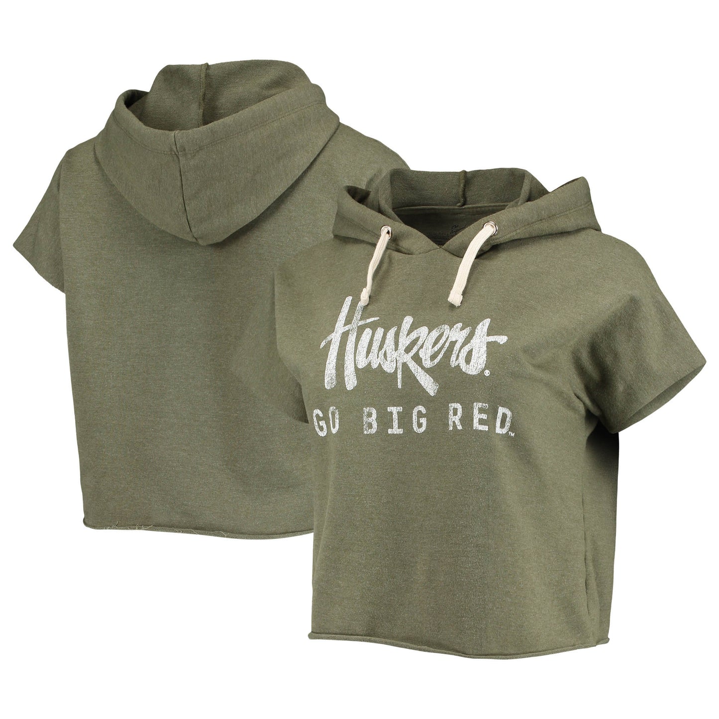 Women's Original Retro Brand Olive Nebraska Huskers Cropped Tri-Blend Short Sleeve Pullover Hoodie