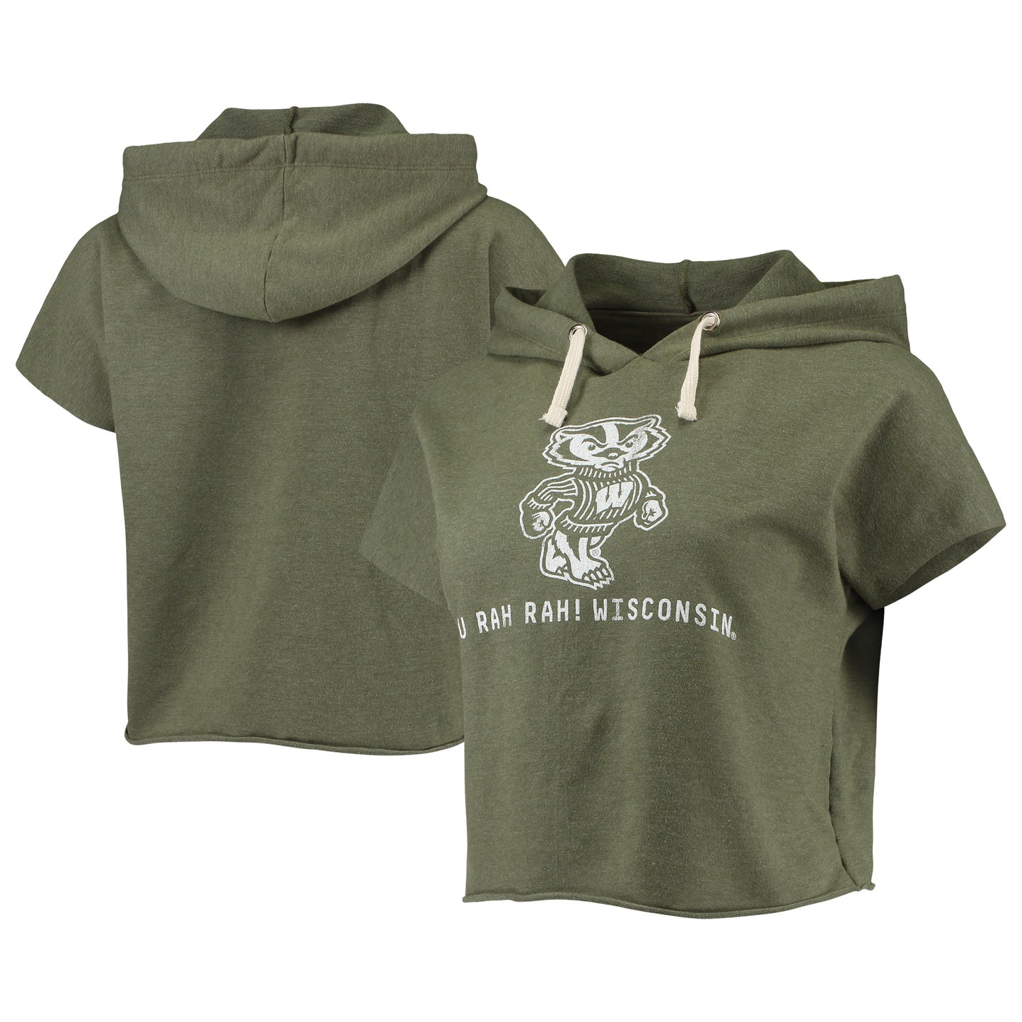 Women's Original Retro Brand Olive Wisconsin Badgers Cropped Tri-Blend Short Sleeve Pullover Hoodie