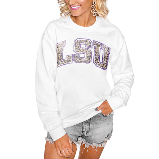 Women's Gameday Couture White LSU Tigers Distressed Snap Perfect Oversized Pullover Sweatshirt