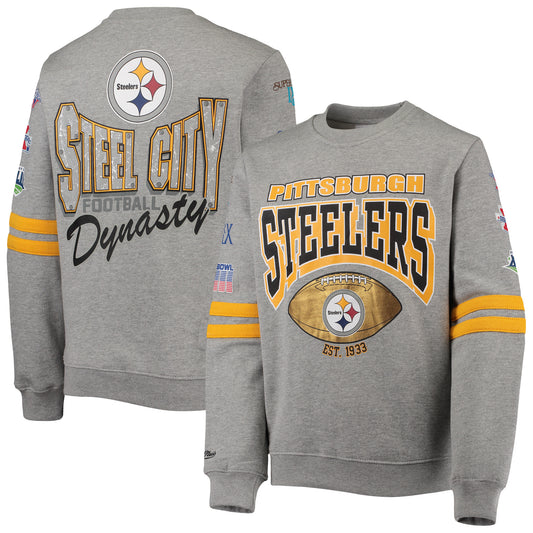 Youth Mitchell & Ness Heathered Gray Pittsburgh Steelers Allover Pullover Sweatshirt