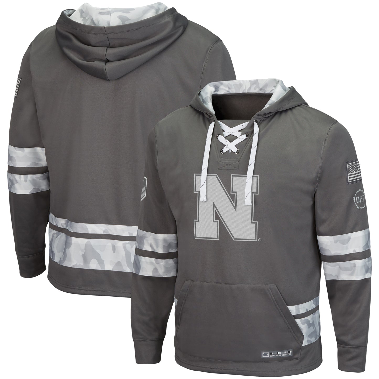 Men's Colosseum Gray Nebraska Huskers OHT Military Appreciation Arctic Camo Lace-Up Pullover Hoodie