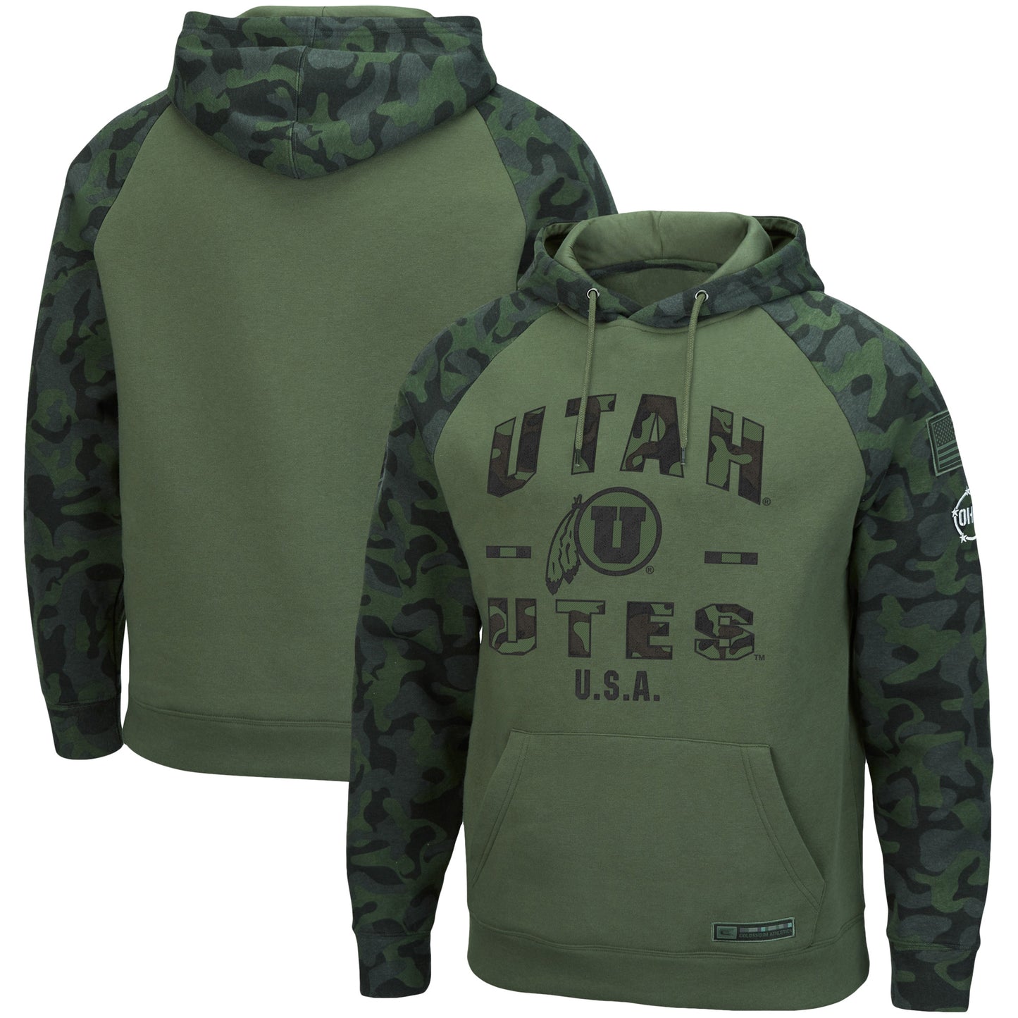 Men's Colosseum Olive/Camo Utah Utes OHT Military Appreciation Raglan Pullover Hoodie