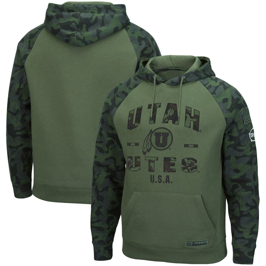 Men's Colosseum Olive/Camo Utah Utes OHT Military Appreciation Raglan Pullover Hoodie