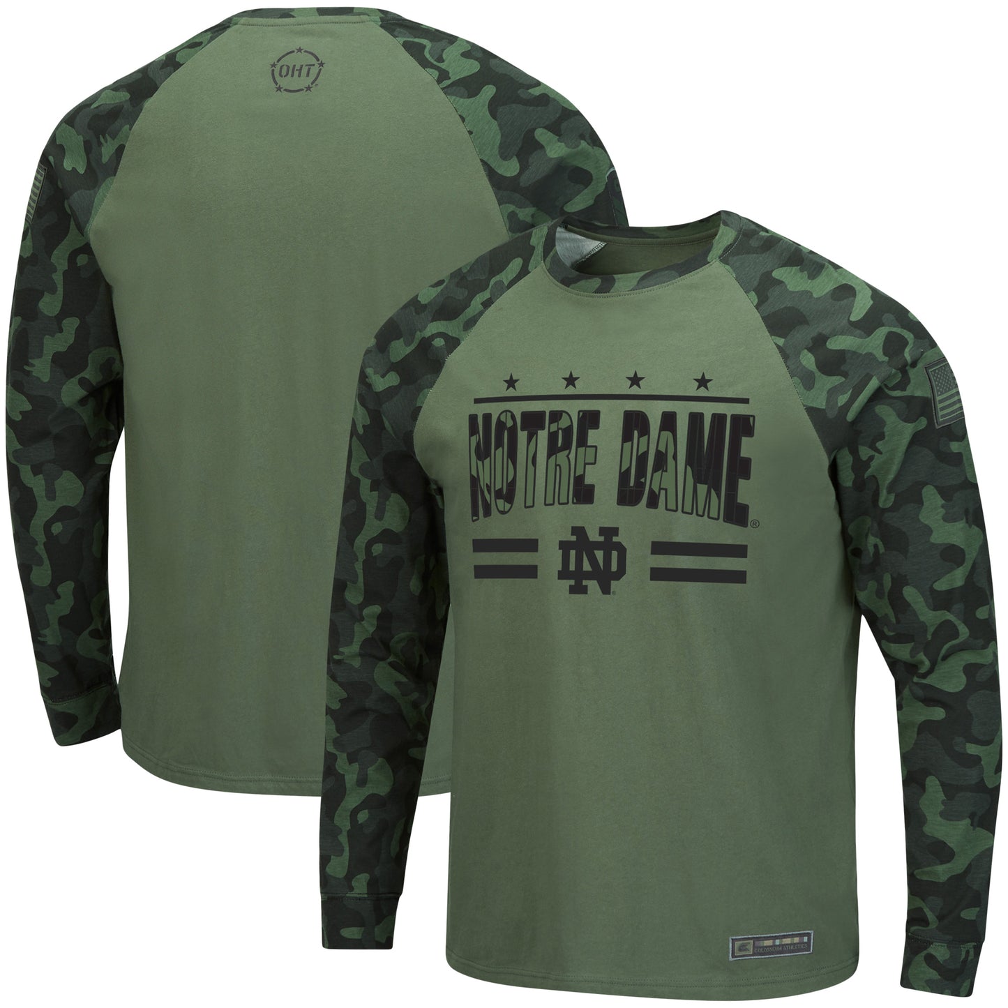 Men's Colosseum Olive/Camo Notre Dame Fighting Irish OHT Military Appreciation Slim-Fit Raglan Long Sleeve T-Shirt