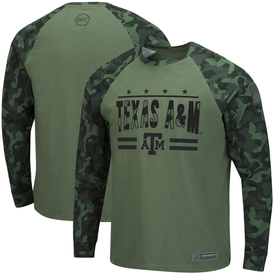 Men's Colosseum Olive/Camo Texas A&M Aggies OHT Military Appreciation Slim-Fit Raglan Long Sleeve T-Shirt