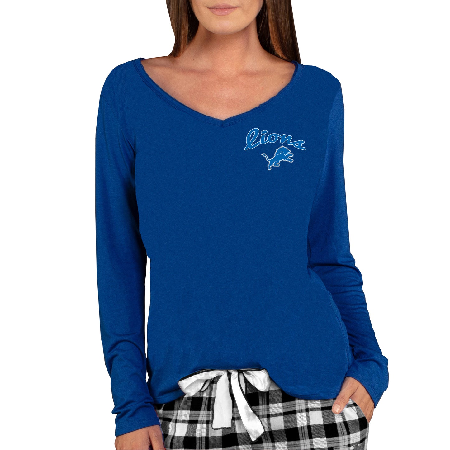 Women's Concepts Sport Blue Detroit Lions Marathon Knit Long Sleeve Lightweight V-Neck Lounge T-Shirt