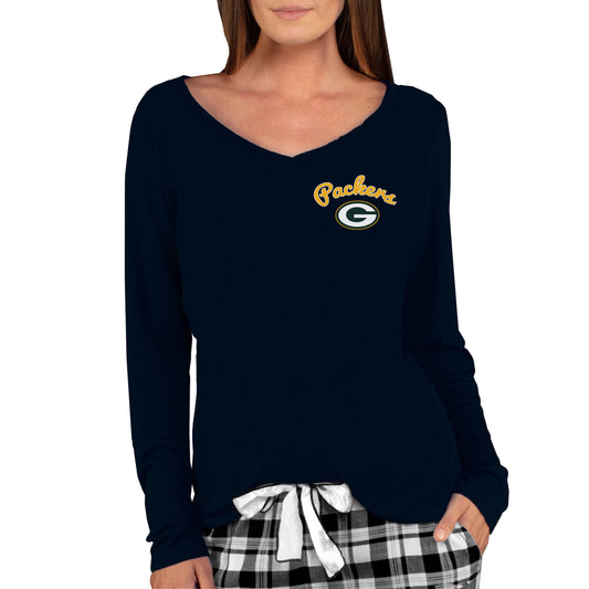 Women's Concepts Sport Black Green Bay Packers Marathon Knit Long Sleeve Lightweight V-Neck Lounge T-Shirt