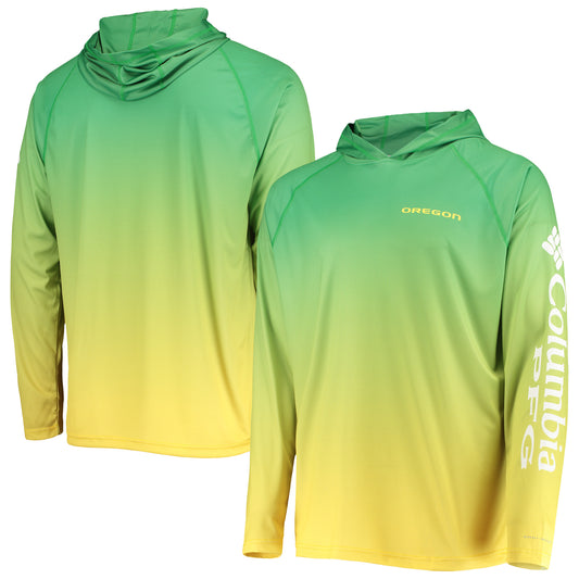 Men's Columbia PFG Green Oregon Ducks Terminal Tackle Omni-Shade UPF 50 Long Sleeve Hooded Top