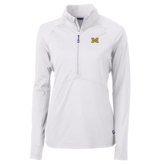 Women's Cutter & Buck White Michigan Wolverines Adapt Eco Knit Half-Zip Pullover Jacket