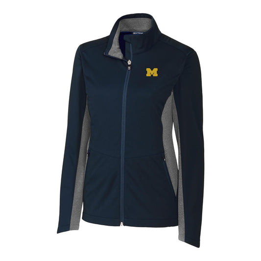 Women's Cutter & Buck Navy Michigan Wolverines Navigate Softshell Full-Zip Jacket