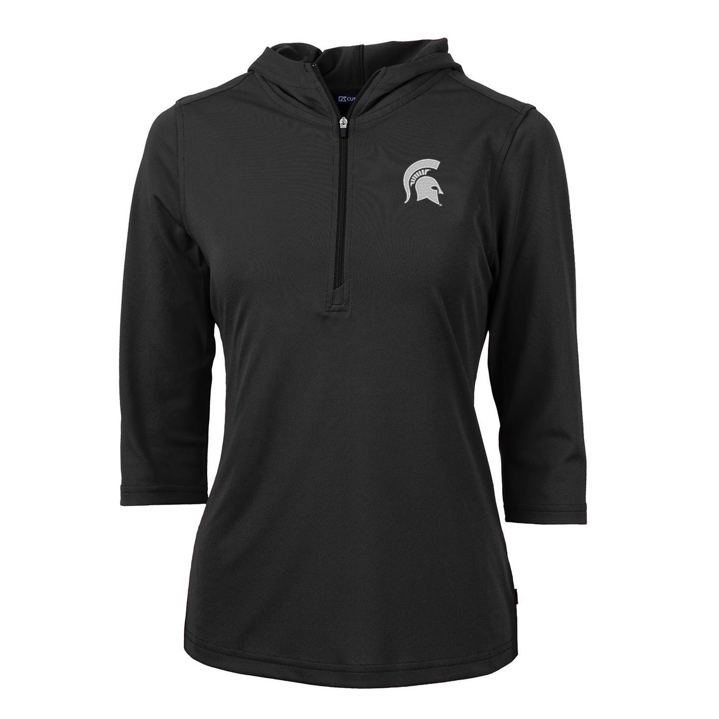 Women's Cutter & Buck Black Michigan State Spartans Virtue Eco Pique 3/4 Sleeve Half-Zip Pullover Hoodie