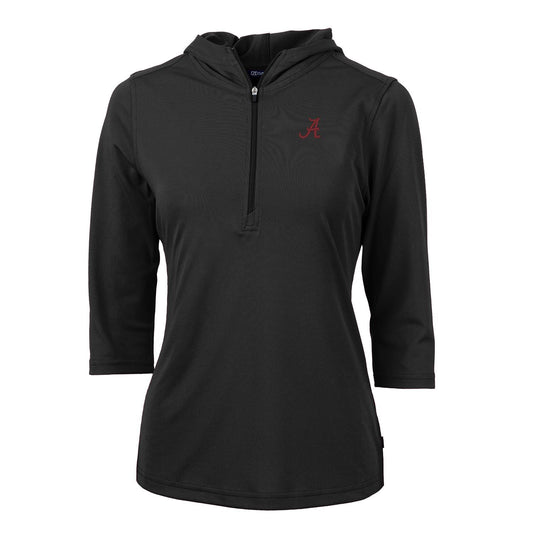 Women's Cutter & Buck Black Alabama Crimson Tide Virtue Eco Pique 3/4 Sleeve Half-Zip Pullover Hoodie