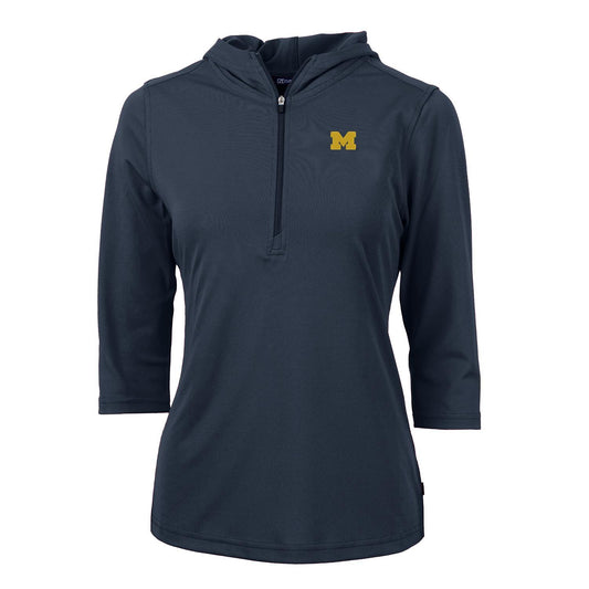 Women's Cutter & Buck Navy Michigan Wolverines Virtue Eco Pique 3/4 Sleeve Half-Zip Pullover Hoodie