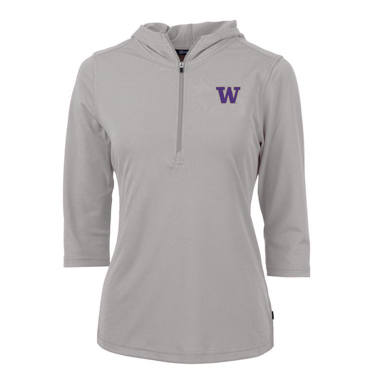 Women's Cutter & Buck Gray Washington Huskies Virtue Eco Pique 3/4 Sleeve Half-Zip Pullover Hoodie