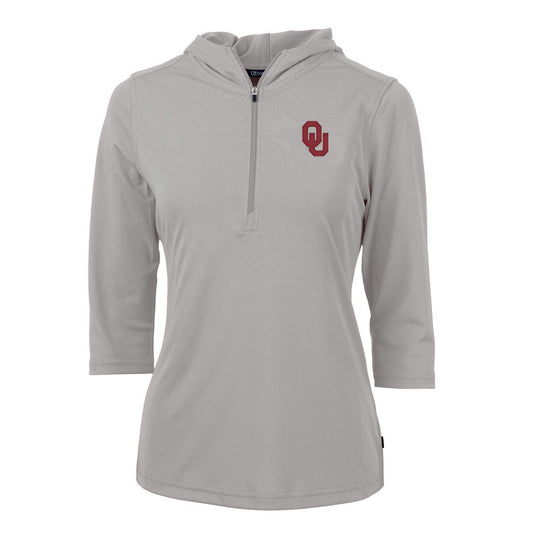 Women's Cutter & Buck Gray Oklahoma Sooners Virtue Eco Pique 3/4 Sleeve Half-Zip Pullover Hoodie