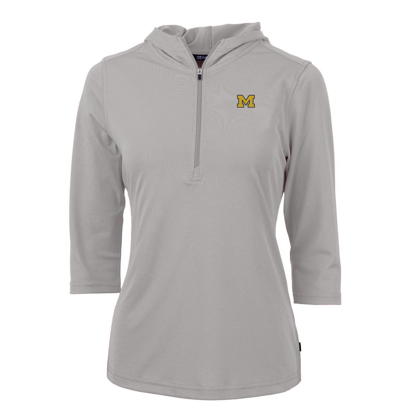 Women's Cutter & Buck Gray Michigan Wolverines Virtue Eco Pique 3/4 Sleeve Half-Zip Pullover Hoodie