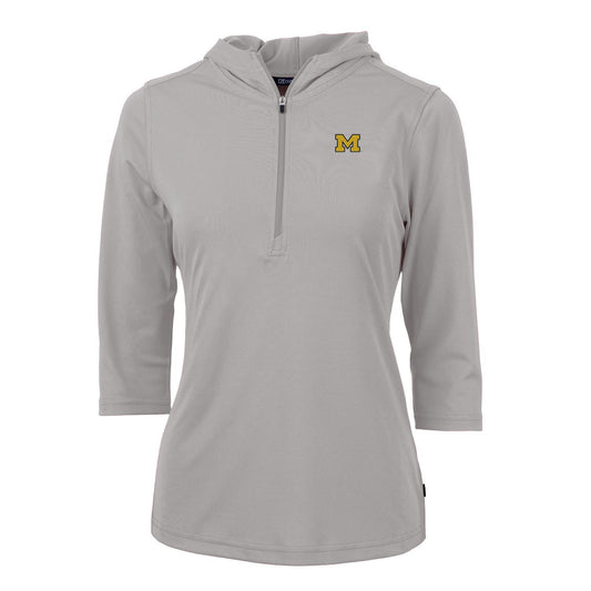 Women's Cutter & Buck Gray Michigan Wolverines Virtue Eco Pique 3/4 Sleeve Half-Zip Pullover Hoodie