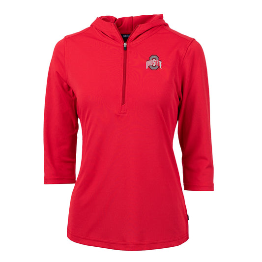 Women's Cutter & Buck Scarlet Ohio State Buckeyes Virtue Eco Pique 3/4 Sleeve Half-Zip Pullover Hoodie