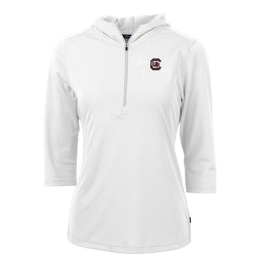 Women's Cutter & Buck White South Carolina Gamecocks Virtue Eco Pique 3/4 Sleeve Half-Zip Pullover Hoodie