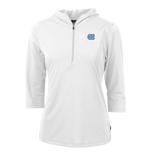 Women's Cutter & Buck White North Carolina Tar Heels Virtue Eco Pique 3/4 Sleeve Half-Zip Pullover Hoodie