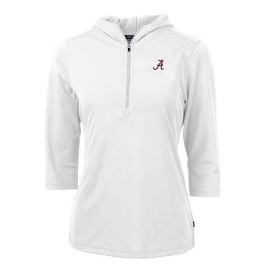 Women's Cutter & Buck White Alabama Crimson Tide Virtue Eco Pique 3/4 Sleeve Half-Zip Pullover Hoodie