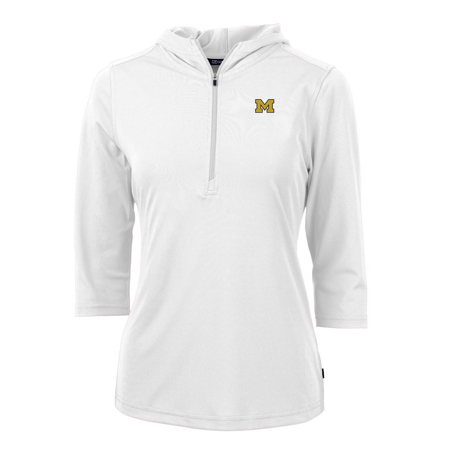 Women's Cutter & Buck White Michigan Wolverines Virtue Eco Pique 3/4 Sleeve Half-Zip Pullover Hoodie