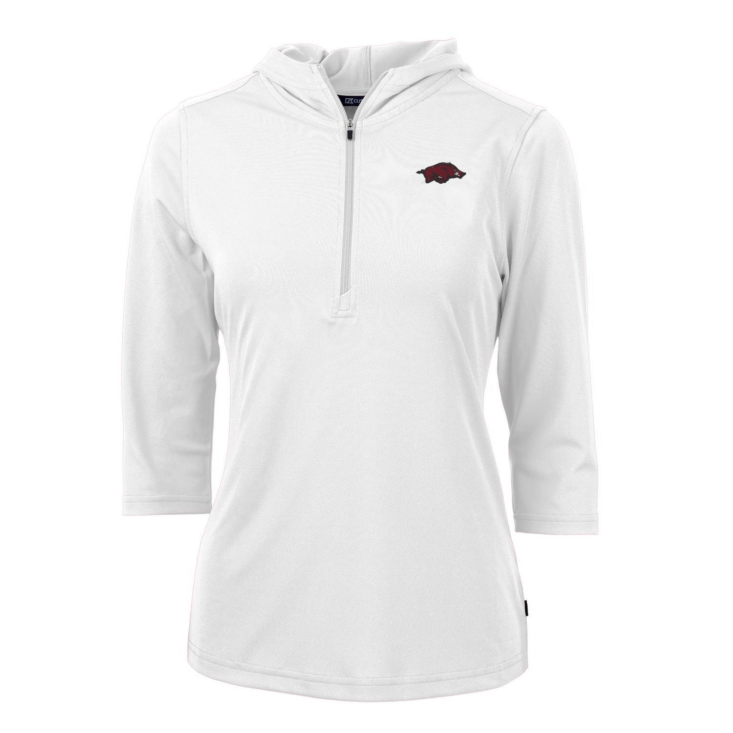 Women's Cutter & Buck White Arkansas Razorbacks Virtue Eco Pique 3/4 Sleeve Half-Zip Pullover Hoodie