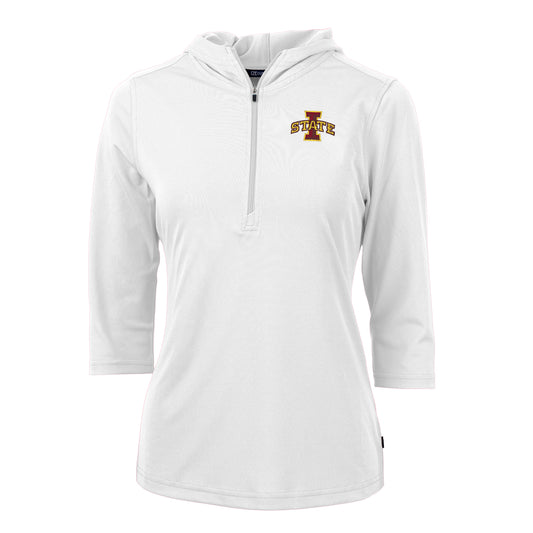 Women's Cutter & Buck White Iowa State Cyclones Virtue Eco Pique 3/4 Sleeve Half-Zip Pullover Hoodie