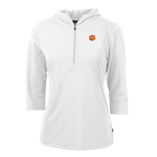 Women's Cutter & Buck White Clemson Tigers Virtue Eco Pique 3/4 Sleeve Half-Zip Pullover Hoodie