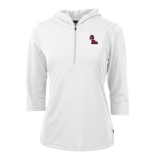 Women's Cutter & Buck White Ole Miss Rebels Virtue Eco Pique 3/4 Sleeve Half-Zip Pullover Hoodie