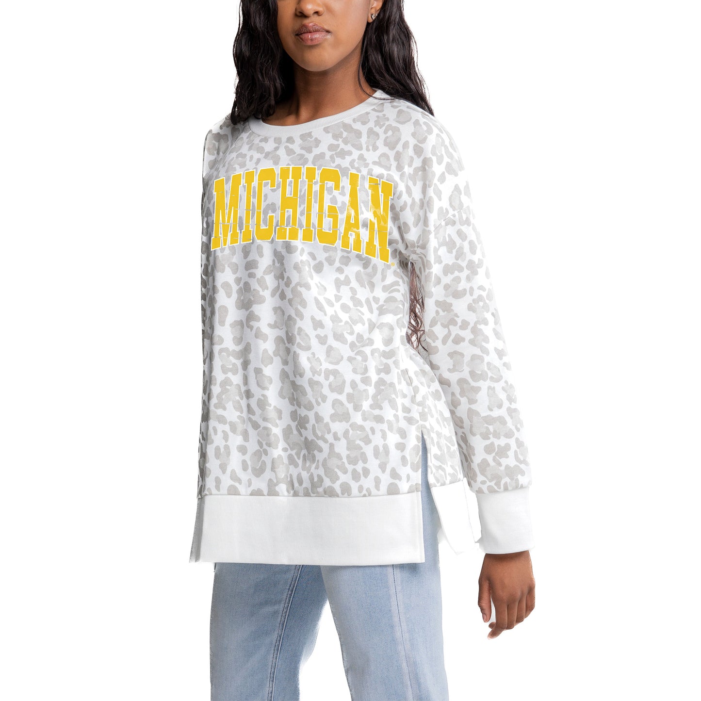 Women's Gameday Couture Gray Michigan Wolverines Side-Slit French Terry Crewneck Sweatshirt