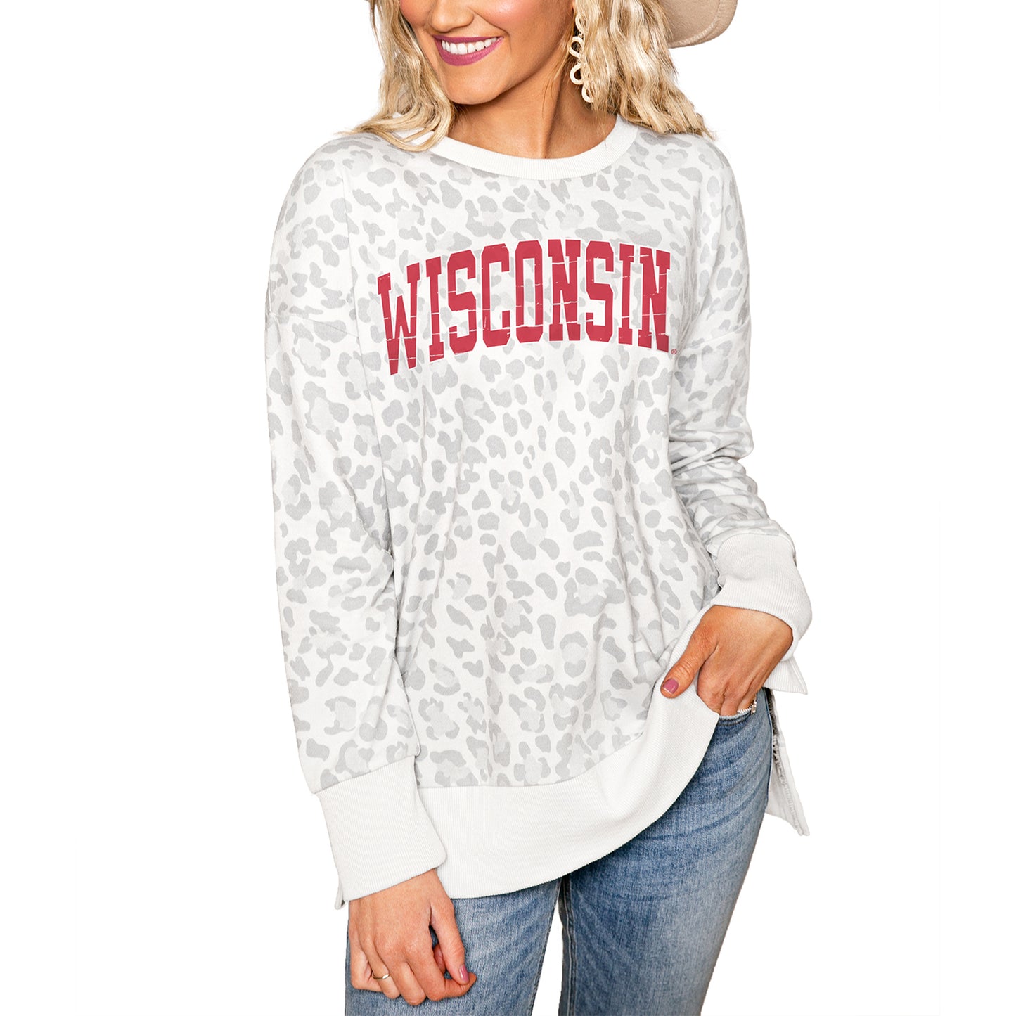 Women's Gray Wisconsin Badgers Side-Slit French Terry Crewneck Sweatshirt