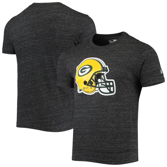 Men's New Era Heathered Black Green Bay Packers Helmet Logo Tri-Blend T-Shirt