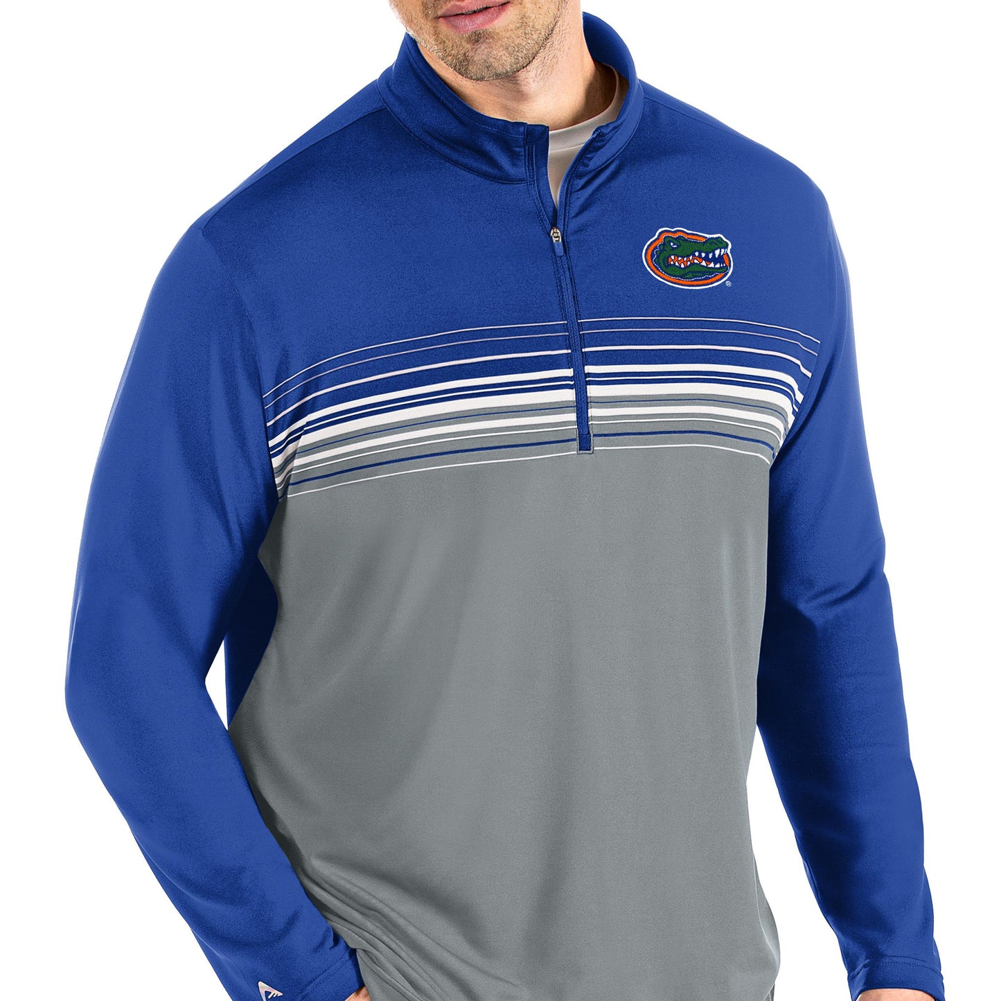 Men's Antigua Royal/Gray Florida Gators Pace Quarter-Zip Pullover Jacket