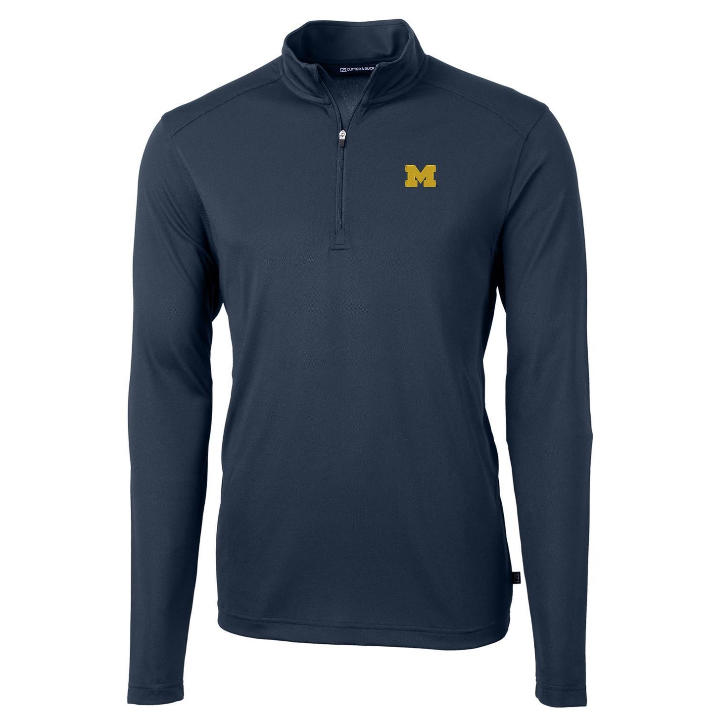 Men's Cutter & Buck Navy Michigan Wolverines Virtue Eco Pique Recycled Quarter-Zip Jacket