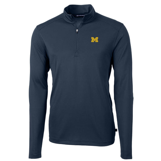 Men's Cutter & Buck Navy Michigan Wolverines Virtue Eco Pique Recycled Quarter-Zip Jacket