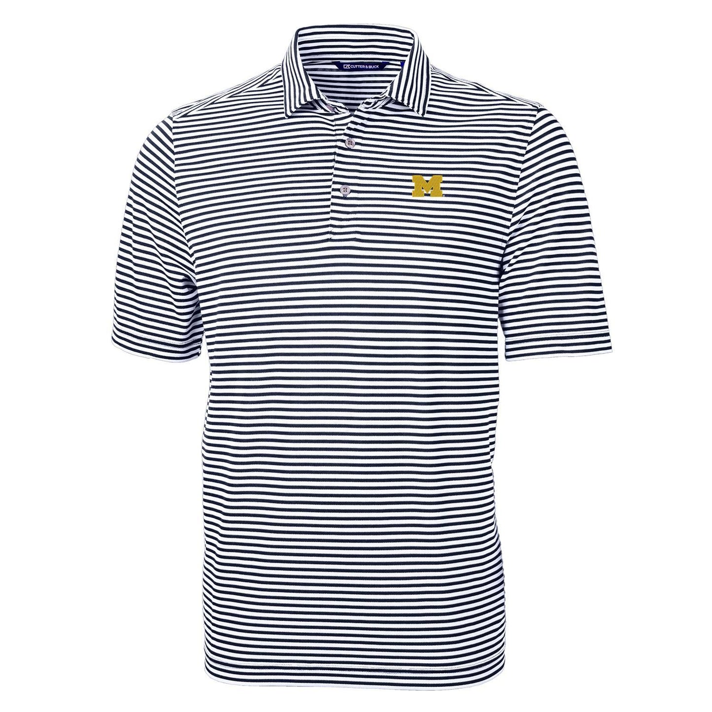 Men's Cutter & Buck Navy Michigan Wolverines Virtue Eco Pique Stripe Recycled Polo