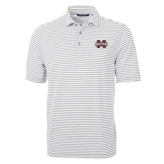 Men's Cutter & Buck Gray Mississippi State Bulldogs Virtue Eco Pique Stripe Recycled Polo