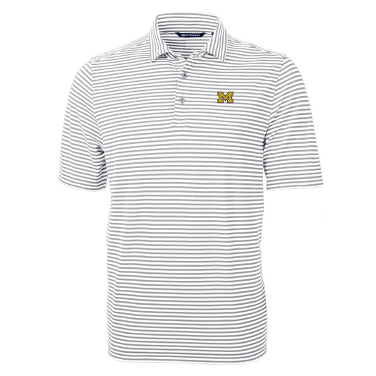 Men's Cutter & Buck Gray Michigan Wolverines Virtue Eco Pique Stripe Recycled Polo