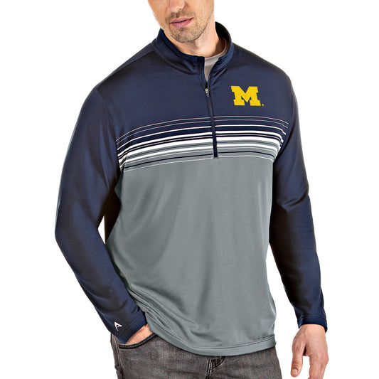 Men's Antigua Navy/Gray Michigan Wolverines Big & Tall Pace Quarter-Zip Pullover Jacket