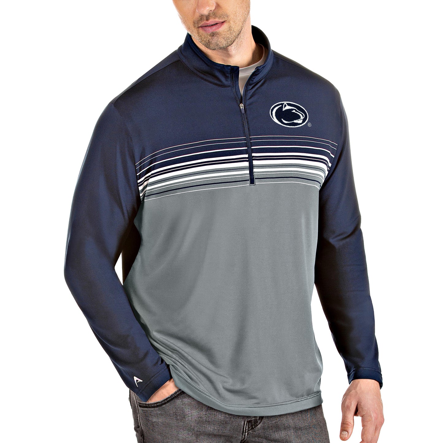 Men's Antigua Navy/Gray Penn State Nittany Lions Big & Tall Pace Quarter-Zip Pullover Jacket