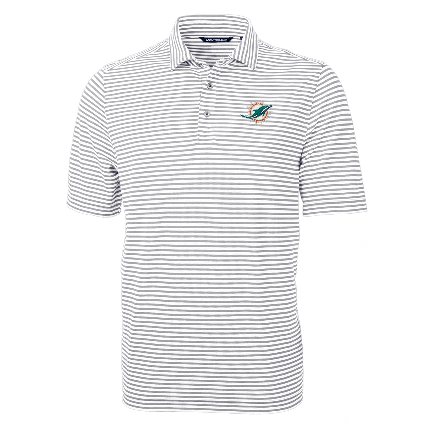 Men's Cutter & Buck Gray Miami Dolphins Virtue Eco Pique Stripe Recycled Polo