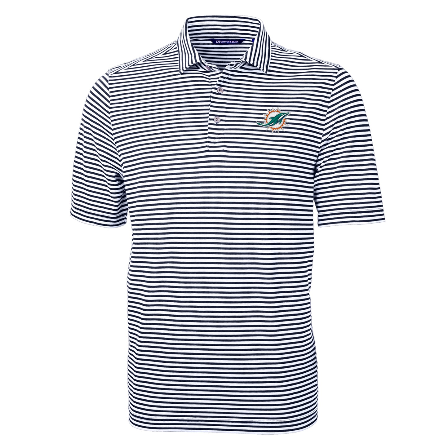 Men's Cutter & Buck Navy Miami Dolphins Virtue Eco Pique Stripe Recycled Polo