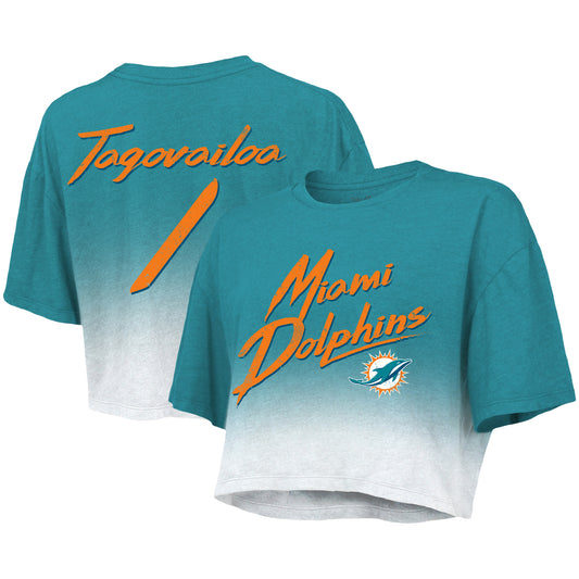 Women's Majestic Threads Tua Tagovailoa Aqua/White Miami Dolphins Dip-Dye Player Name & Number Crop Top