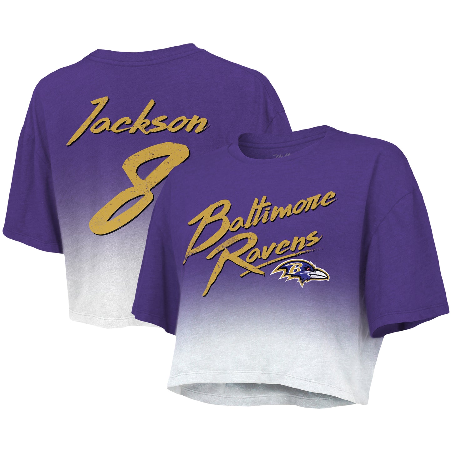 Women's Majestic Threads Lamar Jackson Purple/White Baltimore Ravens Dip-Dye Player Name & Number Crop Top