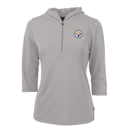 Women's Cutter & Buck Gray Pittsburgh Steelers Virtue Eco Pique Half-Zip 3/4 Sleeve Pullover Hoodie