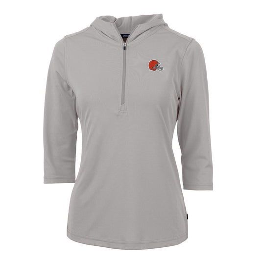 Women's Cutter & Buck Gray Cleveland Browns Virtue Eco Pique Half-Zip 3/4 Sleeve Pullover Hoodie